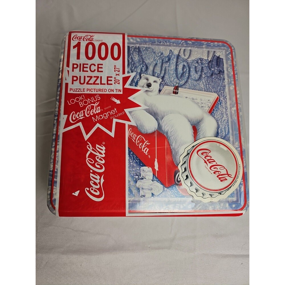 Vintage 1997 Coca-Cola 1000 Piece Puzzle Coke Cooler Bear Tin New Sealed Magnet